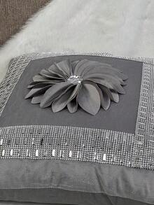 1 件天鹅绒拼布花朵和水钻装饰抱枕套，卧室和客厅靠垫套枕头床上用品房间装饰家居装饰卧室装饰靠垫套靠垫枕套 - 灰色 - 查看 6