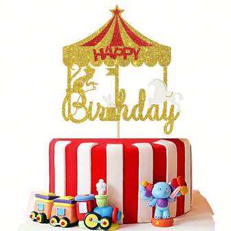1pc Glitter Circus Happy Birthday Cake Topper - Tent Carnival Themed Cake Decor - Amusement Park Circus Theme Party Supplies