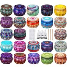 42 Peças/6 Conjuntos Kit de Fabricação de Velas com Potes Estampados, Tampas, Pavios, Adesivos e Suportes - Perfeito para Artesanato DIY, Presentes de Natal e Armazenamento, Suprimentos para Fabricação de Velas