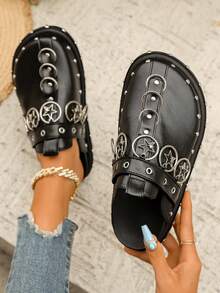 Women's Fashion Comfortable Riveted Personalized Platform & Thick-Soled Black Loafers,Mule Shoes