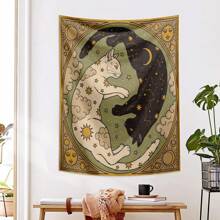 1 Pc Vintage Sun, Moon, Lucky Cat, Constellation, Letter, Boho Style Printed Tapestry Wall Hanging Decor, Living Room, Bedroom, Office, Dorm, Home Party, Rectangular Kitchen Wall Decor Fabric With Drape, Includes 3 Pins And 2 Clips