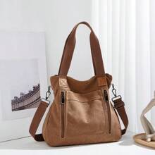 Women's Plain Zip Front Large Capacity Casual Shoulder Bag
