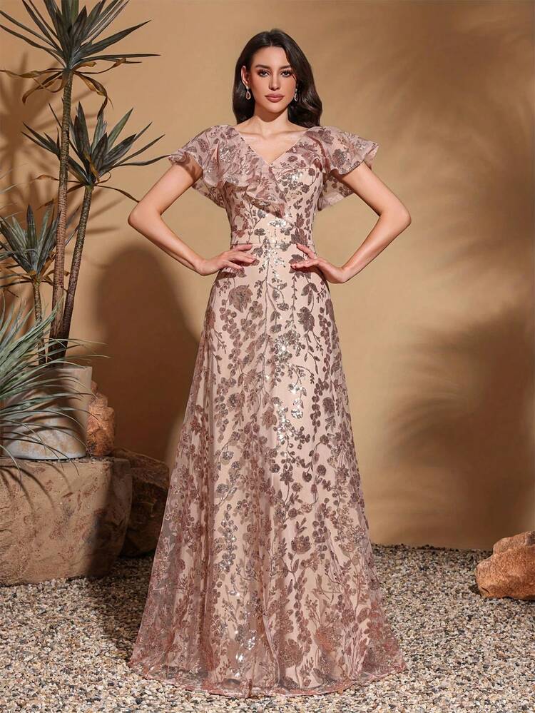 Elegante vestido de cuello en V con flores, mangas de malla transparente y ribete brillante, silueta de línea A perfecto para bodas, fiestas y eventos formales - Tela de malla transpirable para todas las estaciones, vestimenta elegante para eventos | Vestido de cuello en V | Vestido con estampado floral - Champán - Añade 3