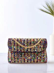 Glamorous Shiny Colorful Gemstone Evening Bag, Rhinestone Embellished Clutch Handbag Suitable For Weddings, Parties, Dinners, Valentine's Day Gifts