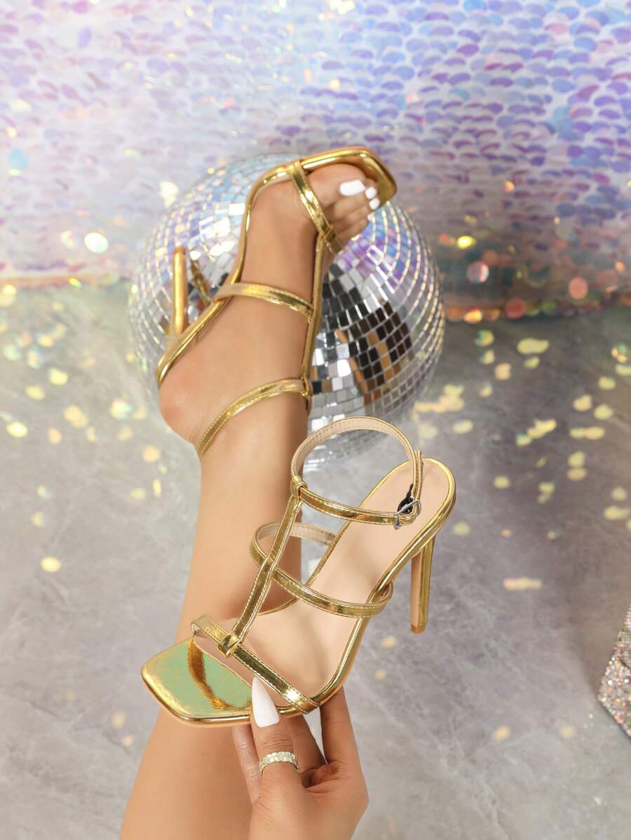 Women's New Arrival Golden Color Thin Heel Sandals, Summer Stylish Ladies Sandals For Outdoor Wear