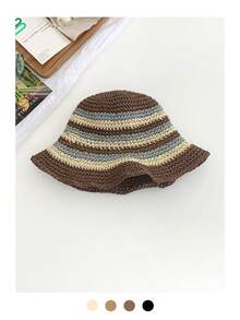 1pc Women Dopamine Gradient Weaven Round Top Straw Hat, Summer Beach Sun Protection Hat, Face-Slimming Bucket Hat, Breathable Bohemian Hollow Straw Hat - Straw Bucket Hat - View 8