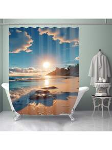 1pc/4pcs Ocean & Beach Floral Print Bathroom Curtain Set 12 Hooks, Anti-Slip Bath Mat, U-Shaped Toilet Mat & Round Toilet Cover, Multifunctional Bathroom Set For All Occasions Back To School