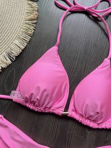 Bộ bikini cổ yếm màu trơn, đồ bơi mùa hè thời trang đi nghỉ mát biển màu hồng - Hồng - Xem 6