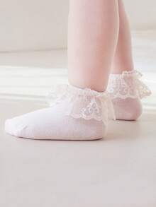 1 Pair Girls' Solid Color Lace Trim Hollow Out Breathable Princess Ankle Socks, For Daily Wear