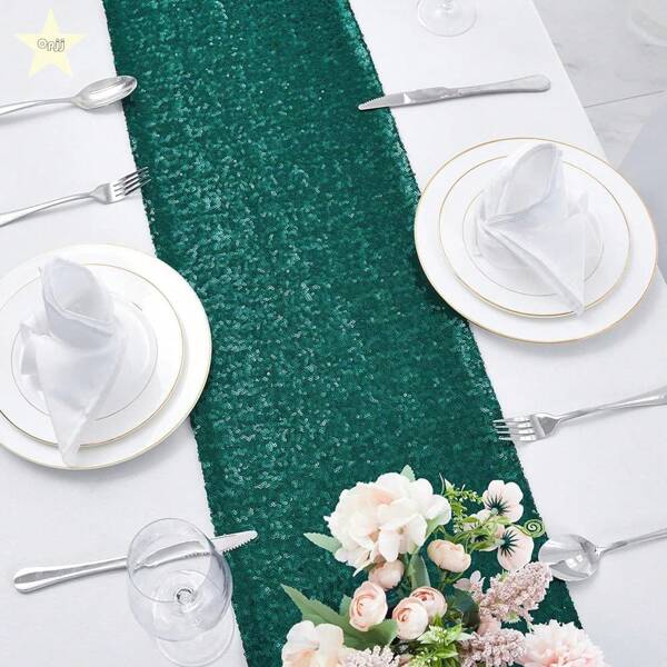 10pcs 12" X 108" Emerald Green Sequin Tablecloth, Suitable For Birthday Party Supplies, Decoration, Wedding Celebration, Bride's Shower, Banquet, Restaurant, Hotel Decor