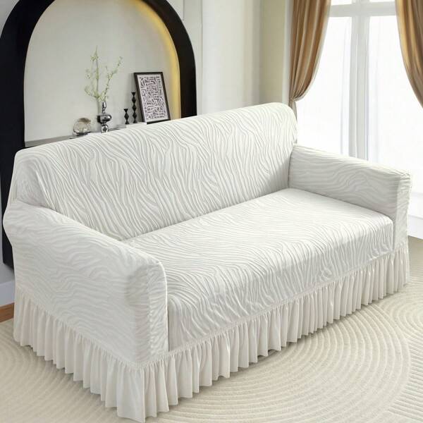 1 pieza Funda de sofá gruesa de estilo falda de tela jacquard blanca sólida y elástica, tela suave para sala de estar, dormitorio, estudio