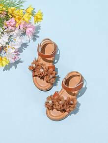 1 Pair Girl Decorative Pearl Flower Hook And Loop Flat Sandals - Brown - View 1