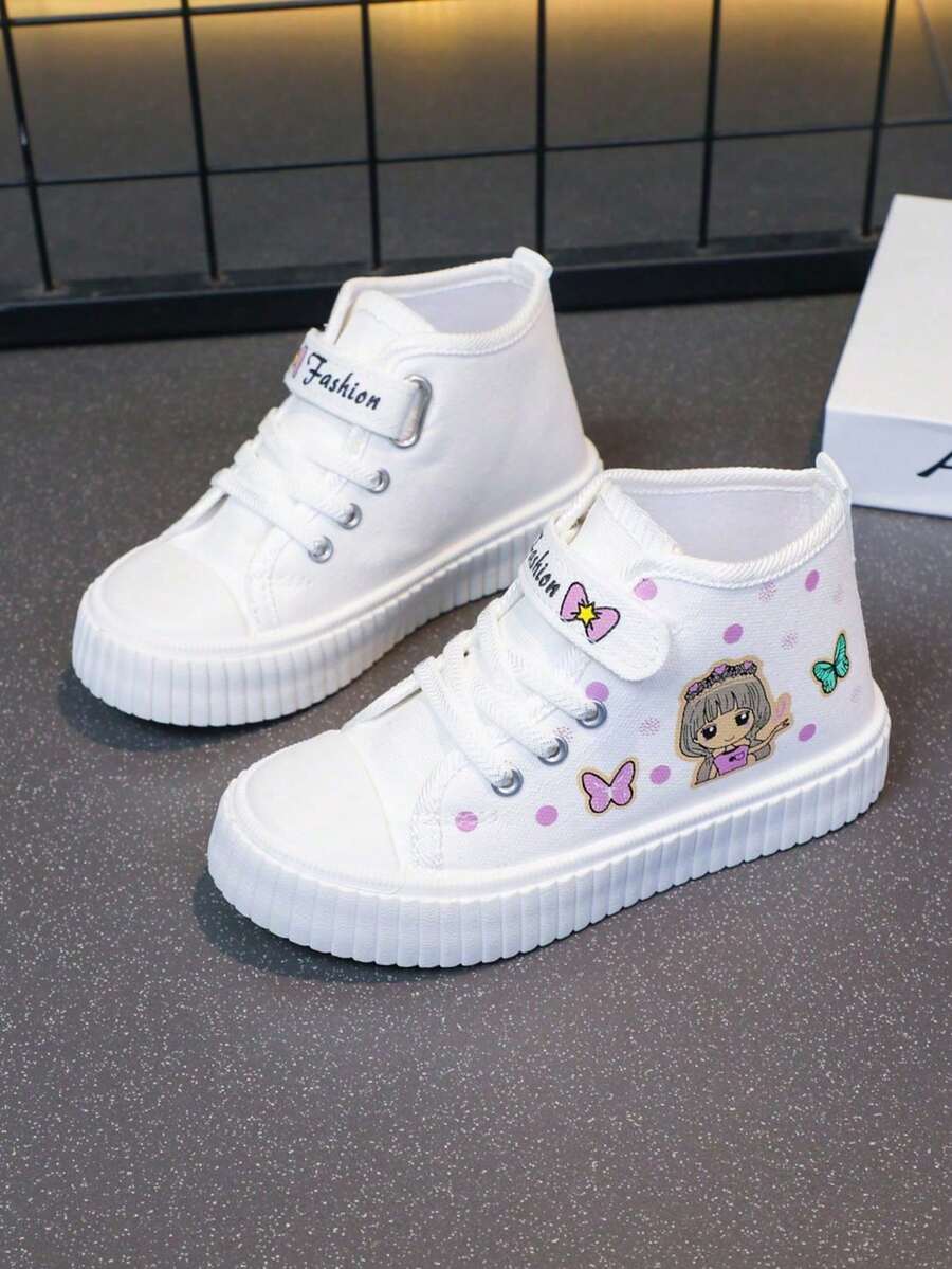 新款女童卡通图案低帮滑板鞋，时尚儿童校园运动鞋，大童魔术贴舒适跑步鞋，春夏款，蝴蝶图案，情人节款 - 白色 - 查看 1