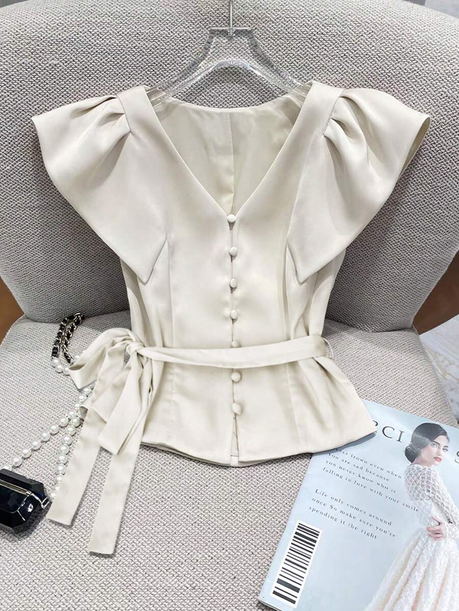 New French Style Solid Color Elegant Minimalist Women Blouse, Tie-Neck, Simplicity, Buttons, Open Front, Work Office Wear, Spring/Summer - Apricot - View 1