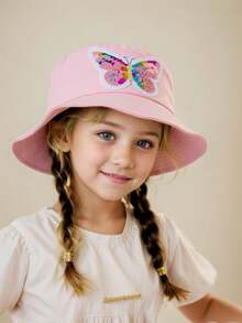 1pc Girls Sparkle Butterfly Rainbow Bucket Hat, Adjustable Kids Summer Sun Hat With Wind Rope, Spring/Summer - Pink Bow - View 2