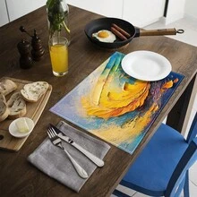 1/4/6/8/12 Pcs Linen Dining Table Placemats, Colorful Feather Oil Painting 3D Print Washable Table Mats, Surface Protective Pads, Indoor Outdoor Dining Table Mats, Suitable For Holiday Parties, Kitchen