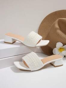 Sandal nữ quai Pháp da PU đính đá màu sắc, gót vuông 3.5cm, sandal mùa hè, phù hợp đi chơi hàng ngày, hẹn hò, mua sắm - trắng - Xem 5