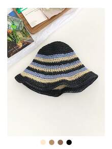 1pc Women Dopamine Gradient Weaven Round Top Straw Hat, Summer Beach Sun Protection Hat, Face-Slimming Bucket Hat, Breathable Bohemian Hollow Straw Hat - Straw Bucket Hat - View 17