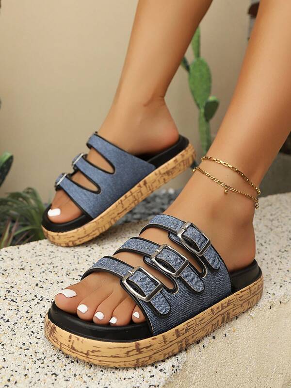New Summer Women's Flat Sandals, Fashion Metal Buckle Decor Round Toe Slip-On Comfortable Flat Ladies Slippers, Bohemian Style Women Beach Sandals, Elegant Ladies Shoes
