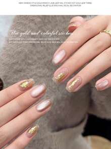4pcs Vintage Gold Foil Nail Art Stickers, Embossed Peony Flower & Jade Leaf Design Nail Jewelry Accessories