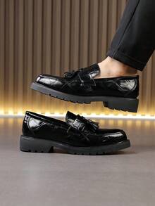 男士真皮鞋，英伦风格，厚底增高鞋，压纹乐福鞋，休闲商务正装莫卡辛鞋，男鞋 - 黑色 - 查看 6