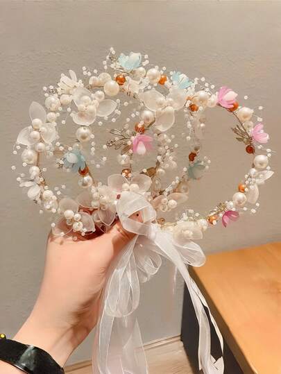 1 Băng đô hoa ngọc trai cho bé gái kèm ruy băng, phụ kiện tóc Boho thủ công, thích hợp cho lễ hội, du lịch, tiệc tùng, đám cưới, chụp ảnh