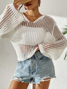 Women's Casual Vacation Solid Color Hollow-Out Knitted Cover Up With Hoodie, Long Sleeve Top - White - View 1