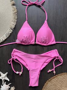 Bộ bikini cổ yếm màu trơn, đồ bơi mùa hè thời trang đi nghỉ mát biển màu hồng - Hồng - Xem 2
