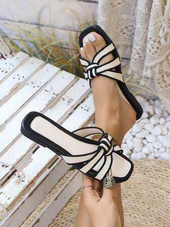 女士时尚白色蝴蝶结平底凉鞋，适合夏季户外、海滩、派对