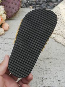 1 Pair New Style Kids Fashionable Casual Handmade Woven PU Material Net Striped Embellished Non-Slip Soft Cork Flat Open-Toe Slippers, Suitable For Summer - Ginger - View 7