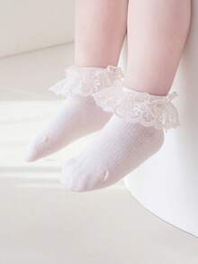 1 Pair Girls' Solid Color Lace Trim Hollow Out Breathable Princess Ankle Socks, For Daily Wear