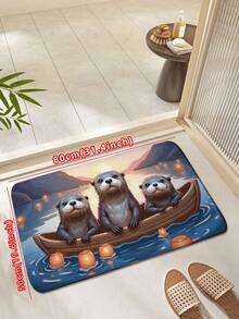 1pc Cute Otter Rowing Bath Mat, Warm Cartoon Design Floor Mat, Absorbent, Non-Slip Flannel Bathroom Rug, Suitable For Bathroom, Living Room, Bedroom, Kitchen, Shower Room, Home Decor Bathroom Kitchen Decor Kitchen Rug