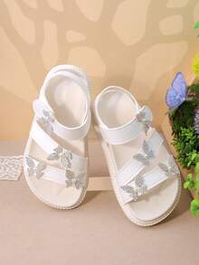 1 Pair Girls Rhinestone Butterfly Decor Leather Soft Anti-Slip Open-Toe Hook And Loop Flat Sandals, Sweet Princess Style, For Party/Daily Outfits - White - View 8