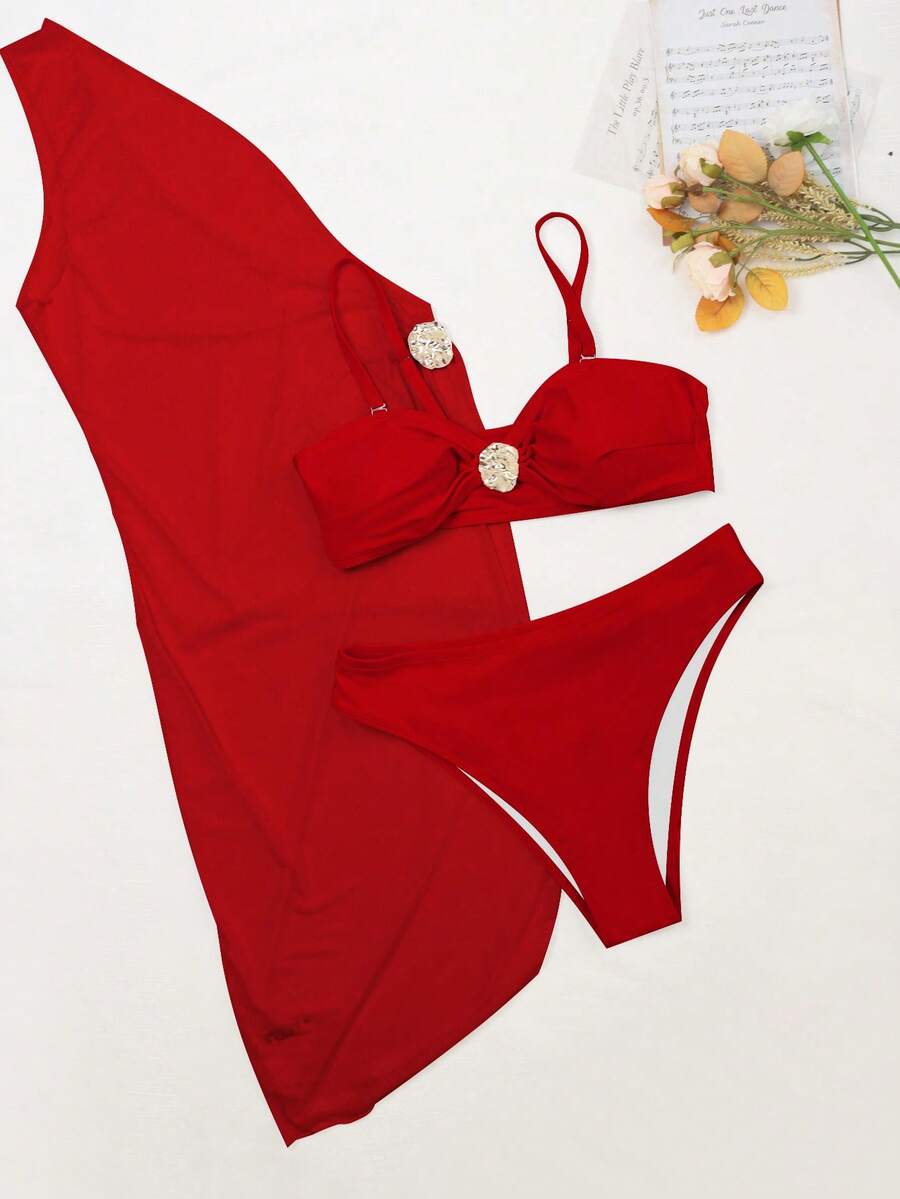 3pcs/Set Plus Size Women Sexy Solid Color Sling Metal Accessories Bikini Set - Red - View 1