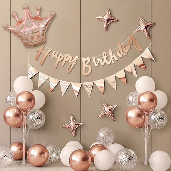 1 Set Happy Birthday Party Flags, Banner, Letter Bunting, Crown Balloons, Gold/Silver/Rose Gold Backdrop Decoration, 35pcs/Set