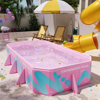 1pc Foldable Rectangular Wooden Pool, PVC + Wood Material, Easy To Store, No Installation Or Inflation Required, One-Click Folding, Large Backyard Swimming Pool For Family, Beach Essentials, Beach Accessories, Pool Float