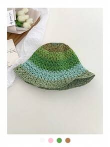 1pc Women Dopamine Gradient Weaven Round Top Straw Hat, Summer Beach Sun Protection Hat, Face-Slimming Bucket Hat, Breathable Bohemian Hollow Straw Hat - Straw Bucket Hat - View 20