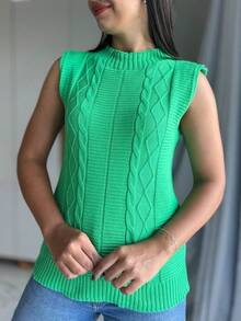 Women's Knitted Vest Braid Max Vest Overlay Knit Fashion Blogger - Verde - Ver 1