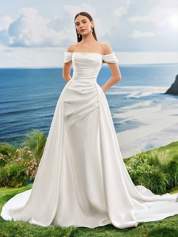 Vestidos de noiva de verão com ombros de fora, românticos, brilhantes, cetim branco, elegantes, sereia, para noiva, noivado, com cauda