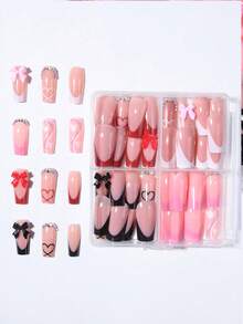 96片（4种混合款式）长棺材形和心形美甲贴片，3D水钻蝴蝶结法式美甲，中号按压式亚克力假指甲套装，包含1瓶甲油胶和1个指甲锉，适合情人节、法式美甲、女性日常、派对、美甲用品 - 彩色 - 查看 5