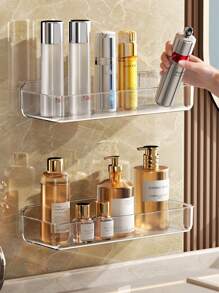1pc Bathroom Organizer Storage Rack, Adhesive Mounted Without Drilling, Suitable For Large Families, Home Daily Essentials Back To School