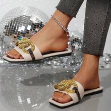 Women's Beach Flat Square Toe Anti-Slip Slides - Black Gold Buckle - View 5