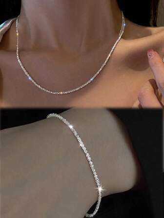 2pcs/set Glittering Starry Sky Design Necklace Bracelet Set, Simple Shiny Clavicle Chain