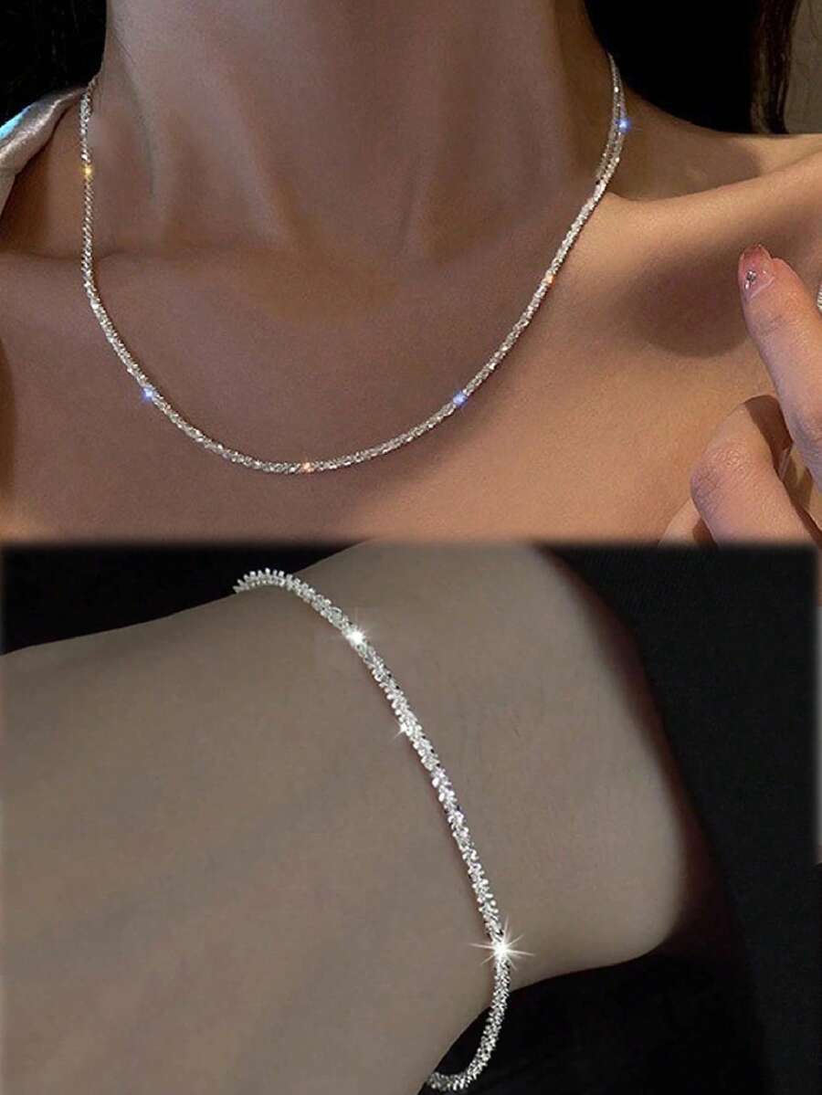 2pcs/set Glittering Starry Sky Design Necklace Bracelet Set, Simple Shiny Clavicle Chain