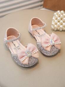 1 Pair New Fashion Elegant Girls Simple Laser PU Handmade Pearl Lace Bow Crystal Decor Magic Stick Soft Non-Slip Flat Close Toe Princess Shoes Suitable For Piano Performance, Suitable For All Seasons