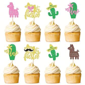 24 mexikanische Karneval Cupcake Dekorations-Aufsätze, perfekt für die tropische Geburtstagstorte meines einjährigen Kindes am 5. Mai mit Kaktus- und Eselthema.
