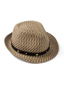1 pieza Sombrero de paja bohemio casual con estrella, sombrero de sol con adorno de remaches, versátil y de moda para trabajo/vacaciones, unisex