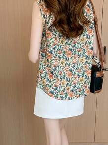 CMC Women's Floral Print Sleeveless Collared Shirt | Elegant Polyester Blouse | Vibrant Orange Green | Machine Washable | Spring/Summer Collection | Fashionable Button Design, Women's Shirt