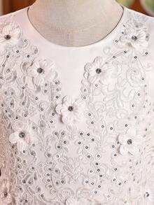 Tween Girl Floral Embroidered Mesh Hem Elegant Princess Dress, Summer - White - View 5