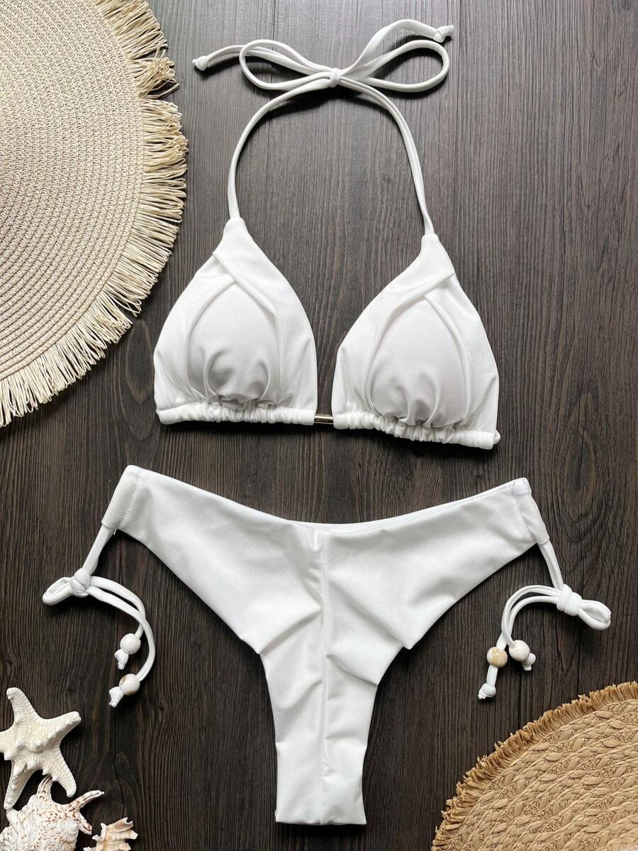 Summer Resort & Beach Plain Color Halter Neck Bikini Set - White - View 1